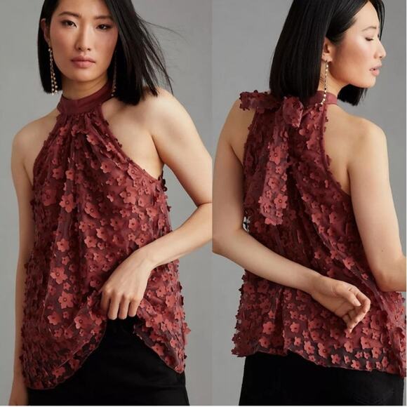 Anthropologie Eva Franco 3D Floral Halter Top Burgundy Cherry color size small - Picture 1 of 16